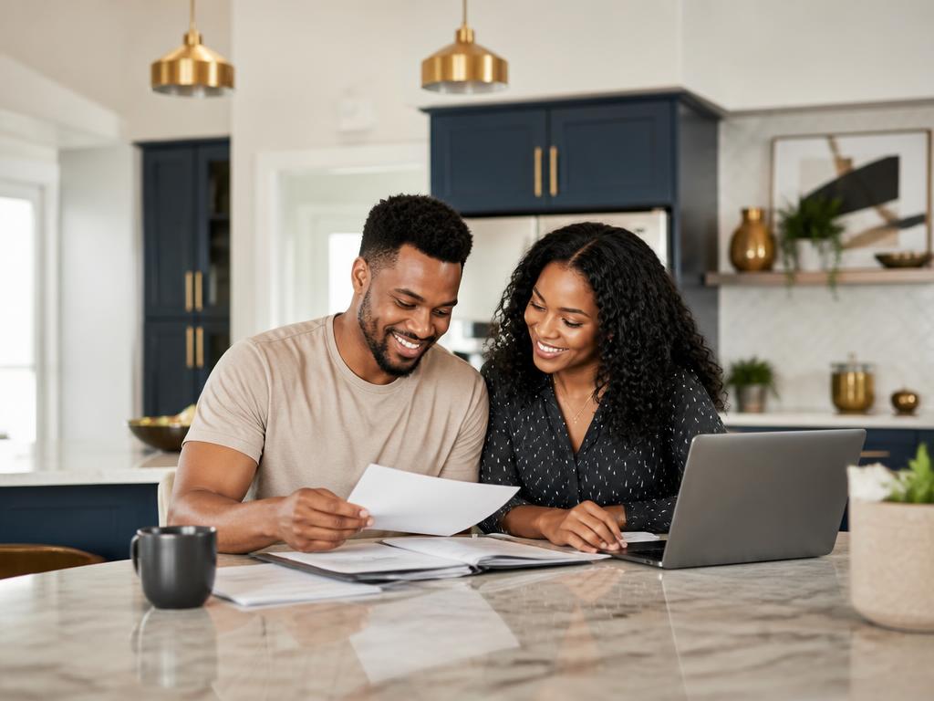 A young couple reviewing financial documents together at home