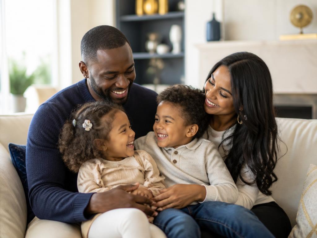 A happy family relaxing together on a sofa