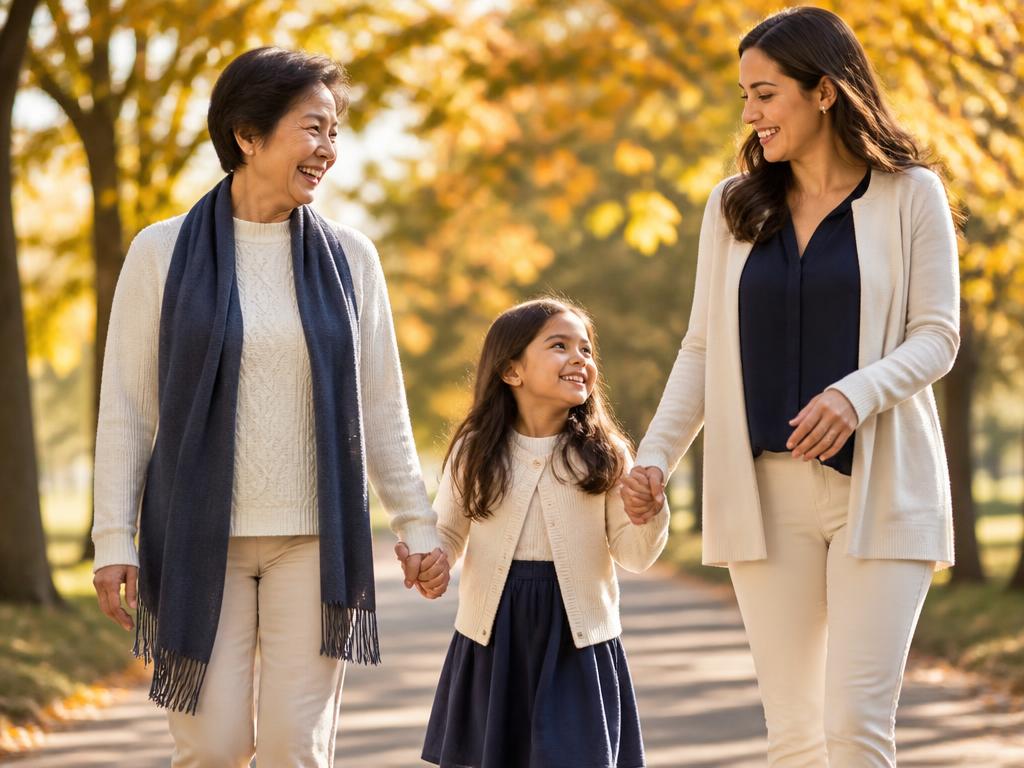 Three generations of a family walking together in a sunny park